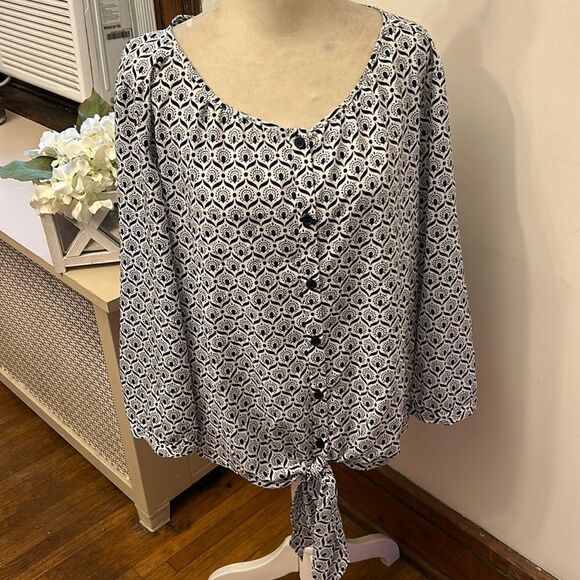 Alex Marie navy white button front tie waist long sleeve blouse Size XL EUC - Picture 1 of 11